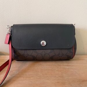 COACH Signature Coated Canvas Red Metallic Reversable Crossbody/Clutch